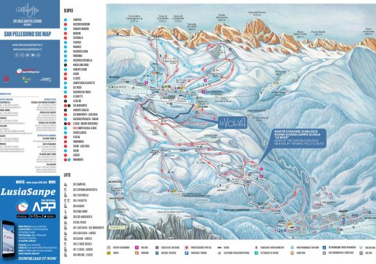 Skimap Falcade - Passo San Pellegrino: mappa con le piste (nomi e difficoltà) e impianti di risalita