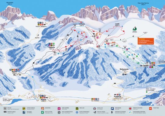 Skimap Alpe Lusia (Moena) - Bellamonte: mappa con le piste da sci e impianti di risalita
